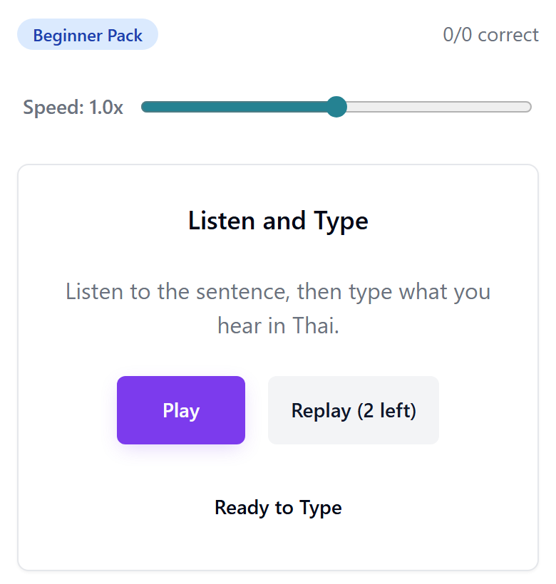 A listening step with Play and a Replay button showing two replays remaining, plus a playback speed slider
