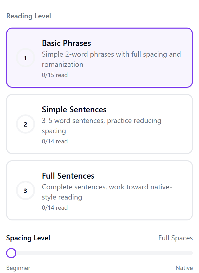 Three reading levels with progress counts, and a spacing slider labelled from Beginner to Native currently set to Full Spaces