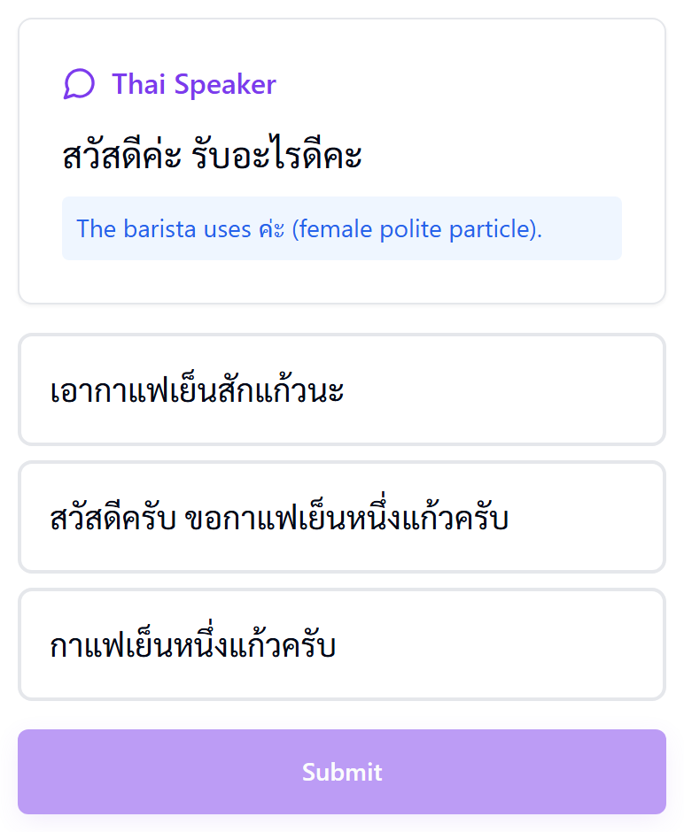 A roleplay turn: the barista's Thai line, then three Thai replies to choose between.