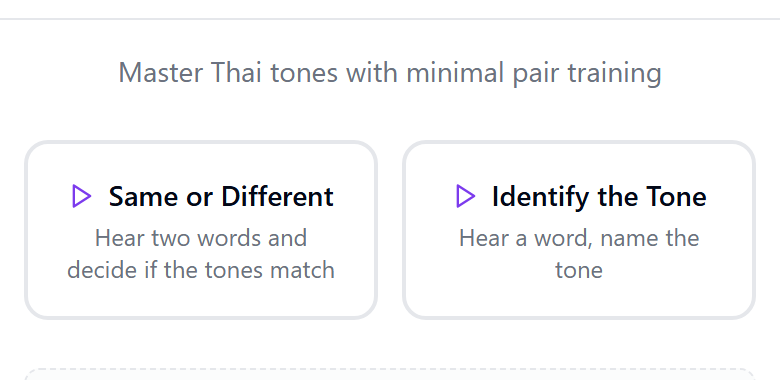 Two mode choices: Same or Different, described as hearing two words and deciding if the tones match, and Identify the Tone, described as hearing a word and naming the tone